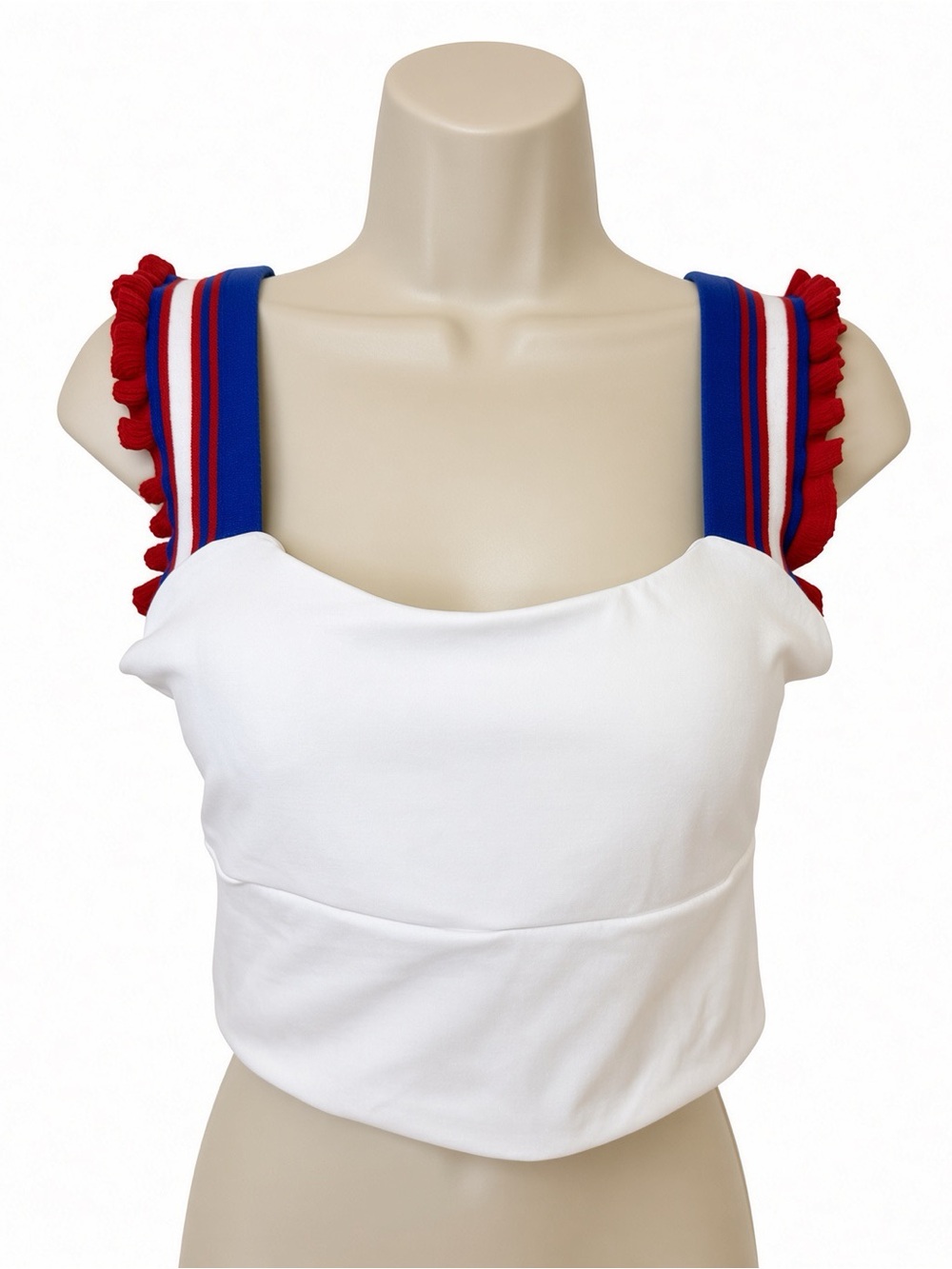 White Crop Top Size M Red White Blue Ruffle Straps Nylon Spandex Athletic